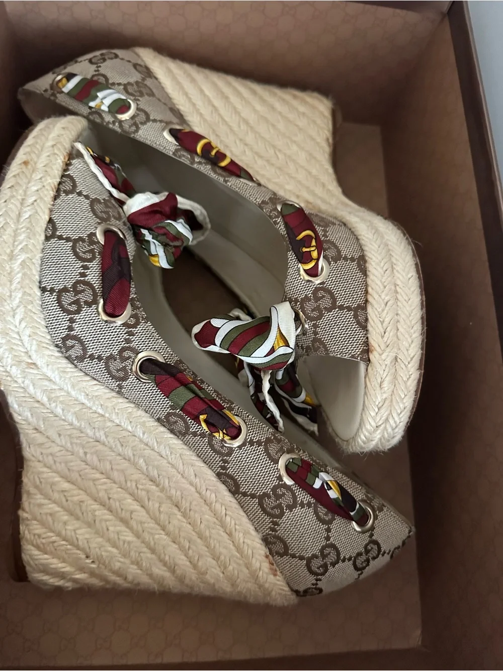 Gucci Beige GG Canvas Espadrille Wedges with Multicolor Bow
